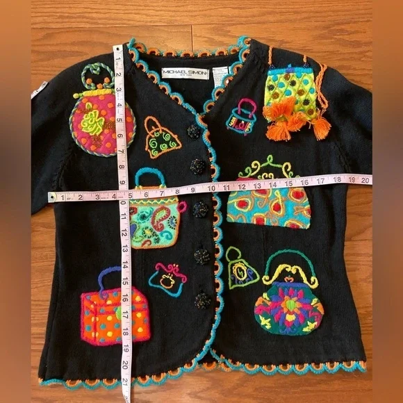 Vintage 1994 Michael Simon multi color crochet patch sweater Size S Purses - Picture 7 of 16
